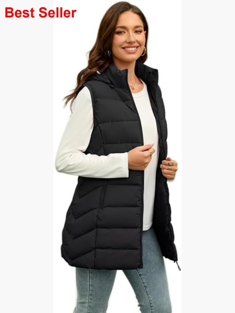 Lightweight Packable Long Puffer Vest with Detachable Hood